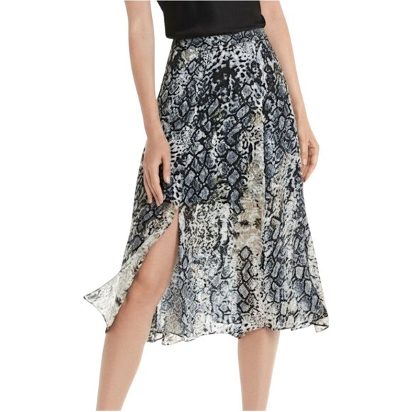Alice + Olivia Snakeskin Silk Blend Midi Skirt Sheer Slit Designer Sz 2 - Picture 1 of 14